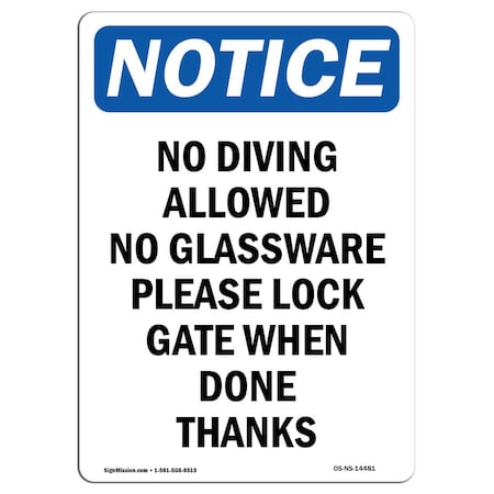 Signmission Safety Sign, OSHA Notice, 18" Height, Aluminum, No Diving Allowed No Glassware Sign, Portrait OS-NS-A-1218-V-14481